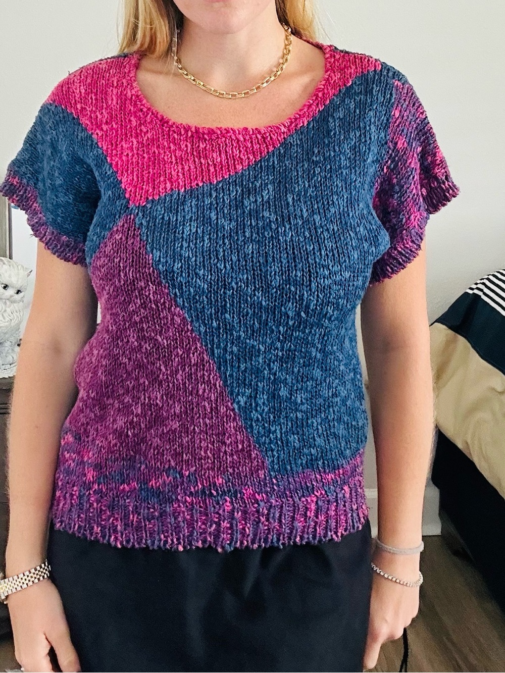 SML Sport Open-Weave Knit Top in Navy and Magenta Trim